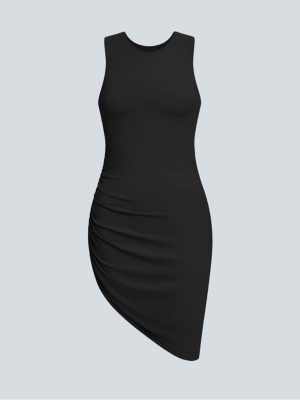 Halara Black Round Neck Ruched Asymmetric Hem Bodycon small Mini Dress